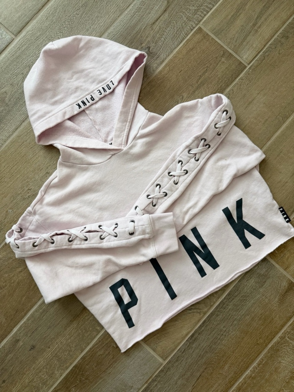 PINK Victoria's Secret Light PINK Lace-Up Sleeve Cropped Hoodie